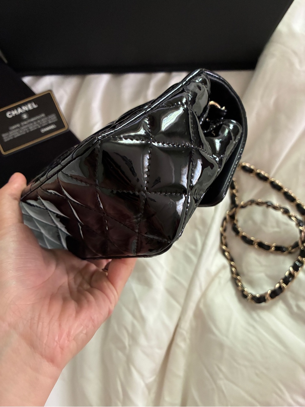 CHANEL Black Quilted Patent Leather Mini Crossbody with Gold-Tone Chain - Picture 6 of 13